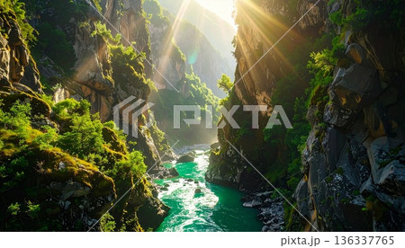 【AI生成画像】エメラルド色の清流に煌びやかな光が差し込む絶景 136337765