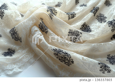 Luxury fashion. Samples of a handmade draped lace hanging on a white background. 136337803