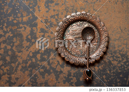 Decorative Copper Dish With Spoon Perfect For Elegant Serving 136337853