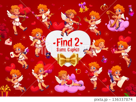 Find two same valentine day cherub cupids with romantic hearts, gifts, flowers and letters. Cartoon vector riddle game, puzzle, challenge worksheet invites to find two identical love angel characters 136337874