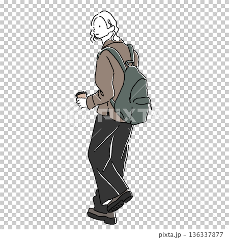 休閒時尚彩色插畫,描繪了一位背著背包、手拿咖啡杯的男士行走的情景。 休閒時尚彩色插畫,描繪了一位背著背包、手拿咖啡杯的男士行走的情景。 136337877