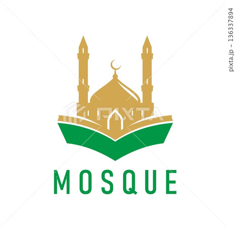Arab muslim mosque graphic icon or emblem. Islamic mosque label, Muslim religion vector icon. Islam culture graphic emblem or Arab Quran school abstract symbol with mosque dome and minaret, Koran book 136337894
