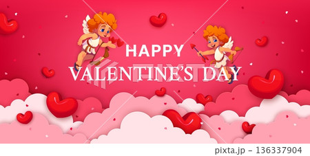 Happy Valentines Day paper cut banner with cherubs and pink clouds. Romantic holiday vector greeting card of cartoon Cupid characters with love arrows, bows and hearts above 3d paper cut clouds border Happy Valentines Day paper cut banner with cherubs and pink clouds. Romantic holiday vector greeting card of cartoon Cupid characters with love arrows, bows and hearts above 3d paper cut clouds border 136337904