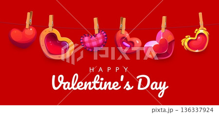 Clothespins with Valentine day love hearts. Cartoon glossy hearts hanging on a red string with wooden clips. Romantic Holiday vector greeting card with bright red background and festive lettering Clothespins with Valentine day love hearts. Cartoon glossy hearts hanging on a red string with wooden clips. Romantic Holiday vector greeting card with bright red background and festive lettering 136337924