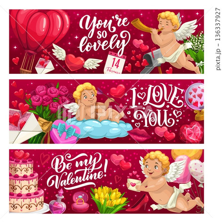 Valentine Day banners featuring cute cartoon cupids and cherub characters, hearts, flowers, gifts and love messages in vibrant pink and red festive backgrounds. Vector romantic greeting cards Valentine Day banners featuring cute cartoon cupids and cherub characters, hearts, flowers, gifts and love messages in vibrant pink and red festive backgrounds. Vector romantic greeting cards 136337927