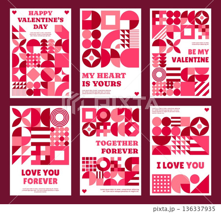 Valentine day posters with abstract geometric pattern and shapes. Vector holiday flyers with romantic phrases like love you forever, together forever, be my valentine, I love you, my heart is yours Valentine day posters with abstract geometric pattern and shapes. Vector holiday flyers with romantic phrases like love you forever, together forever, be my valentine, I love you, my heart is yours 136337935
