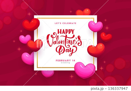 Valentine Day greeting card with love hearts vector background. Romantic love holiday card with Happy Valentines Day greetings in cartoon red pink hearts frame, sparkles and bokeh lights 136337947