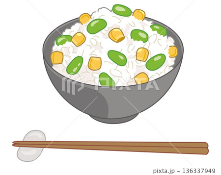 枝豆とコーンの炊き込みご飯のイラスト（お箸と箸置きの追加） 136337949