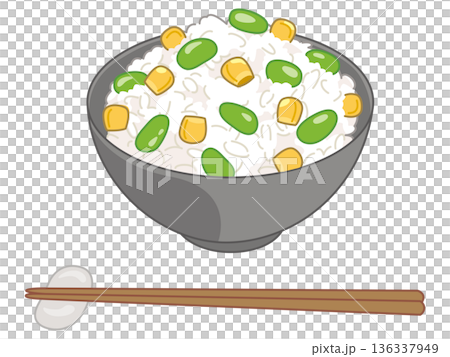 枝豆とコーンの炊き込みご飯のイラスト（お箸と箸置きの追加） 136337949