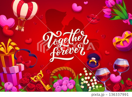 Happy Valentine Day together forever quote greeting card vector typography. Valentine Day love holiday card with couple silhouette and romantic quote phrase in cartoon frame of gifts, roses, balloons Happy Valentine Day together forever quote greeting card vector typography. Valentine Day love holiday card with couple silhouette and romantic quote phrase in cartoon frame of gifts, roses, balloons 136337991