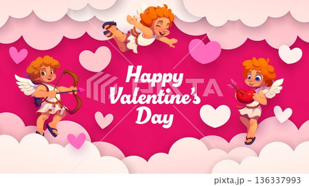 Paper cut Valentines cherub Cupid angels. Romantic love holiday vector card of pink sky with 3d paper cut layered clouds and hearts, cartoon cute Cupids characters with bows and arrows, Valentine card 136337993