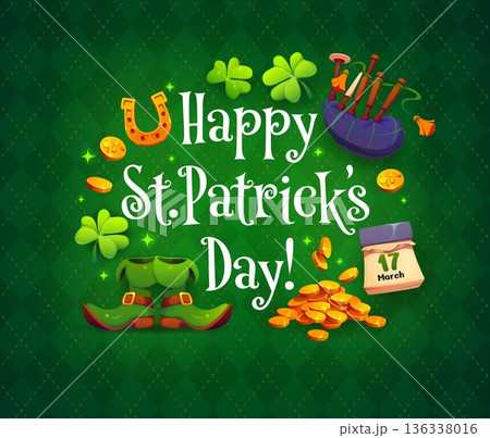 Happy St Patrick day greeting card with golden coins and horseshoe, vector background. Saint Patrick Irish holiday poster with leprechaun boots, shamrock clover and Irish bagpipes on plaid pattern 136338016