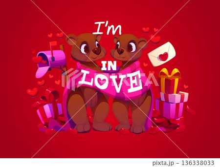 Valentine Day quote I am in love vector typography with cartoon cute bears characters, hearts and gifts. Valentines Day holiday card with romantic greeting quote, funny bear toys and love letter Valentine Day quote I am in love vector typography with cartoon cute bears characters, hearts and gifts. Valentines Day holiday card with romantic greeting quote, funny bear toys and love letter 136338033
