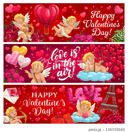 Happy Valentine Day holiday greeting banners with cartoon cute Cupids characters. Vector Valentine Day love cards with flying hearts and balloons, cherub Cupids, love arrows, gifts and flowers banners 136338040