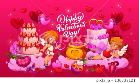 Happy Valentine Day greeting card of cartoon Cupid cherubs on clouds with love holiday romantic gifts. Valentine Day vector love card of cute Cupids, heart balloons, flowers and happy holiday greeting 136338121