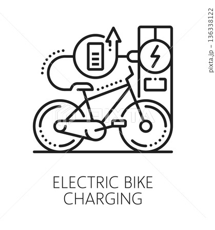 Electric bicycle charging service line icon or pictogram. Public transportation and cycling outline vector pictogram. Electric bicycle charging or rental service icon with charging station and battery Electric bicycle charging service line icon or pictogram. Public transportation and cycling outline vector pictogram. Electric bicycle charging or rental service icon with charging station and battery 136338122