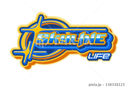 Y2k streetwear skyline life vintage label or icon. Streetwear futuristic vintage cool icon, apparel graphic Y2K vector sticker. Clothing label with metallic blue and yellow typography, stars sparks Y2k streetwear skyline life vintage label or icon. Streetwear futuristic vintage cool icon, apparel graphic Y2K vector sticker. Clothing label with metallic blue and yellow typography, stars sparks 136338123