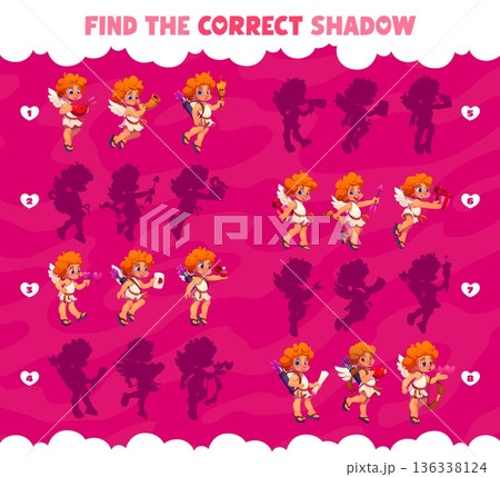 Find the correct shadow of Valentines cherub Cupid characters game quiz worksheet. Vector puzzle of Valentine Day love holiday cartoon cherubs with hearts, arrows, gift box and letter, kids match game 136338124