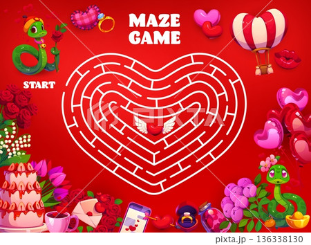 Valentine day labyrinth maze game with snakes and heart. Vector romantic riddle for children activities with tangled path, cartoon cute snake holding a rose trying to reach a winged heart in center Valentine day labyrinth maze game with snakes and heart. Vector romantic riddle for children activities with tangled path, cartoon cute snake holding a rose trying to reach a winged heart in center 136338130