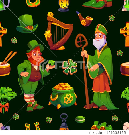 St Patrick Day characters on seamless pattern of leprechaun and shamrock clovers, vector background. Irish holiday pattern with Saint Patrick or Paddy character, golden coins pot and Celtic harp 136338136