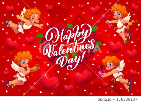 Happy Valentine day banner with couple silhouette, cherub cupids and red hearts, symbolizing affection emotions, romance and celebration. Vector festive and heartfelt greeting card for loving pairs Happy Valentine day banner with couple silhouette, cherub cupids and red hearts, symbolizing affection emotions, romance and celebration. Vector festive and heartfelt greeting card for loving pairs 136338137