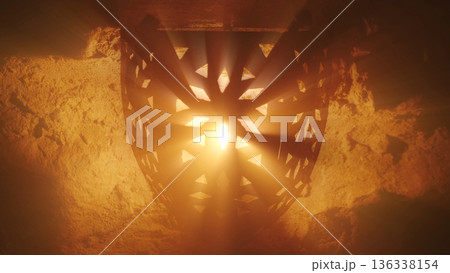 Old lantern with warm light rays in of old castle 136338154