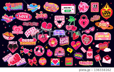 Love y2k retro groovy stickers, Valentines patch labels with vector pink hearts, Cupid arrows, flowers and gifts. Valentines Day love holiday stickers of y2k heart emoji, hippie peace and kiss lips Love y2k retro groovy stickers, Valentines patch labels with vector pink hearts, Cupid arrows, flowers and gifts. Valentines Day love holiday stickers of y2k heart emoji, hippie peace and kiss lips 136338162