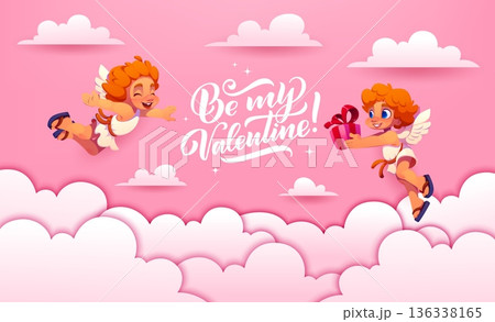 Paper cut Happy Valentine Day banner with love holiday cherub characters flying in pink sky clouds. Valentine Day vector greeting card with cartoon cute Cupids, gift box and paper cut clouds border 136338165