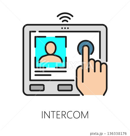 Home security intercom color line icon or sign. Building safety system lineart vector symbol, alarm smart system outline sign. Home security technology icon with intercom device control panel 136338176