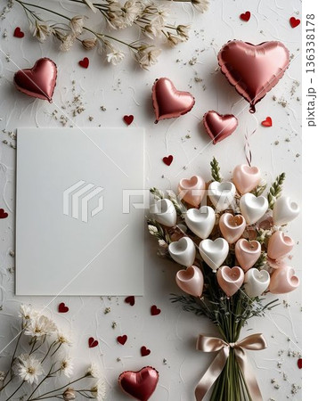 ピンクとアイボリーのハートブーケ背景テンプレート 136338178