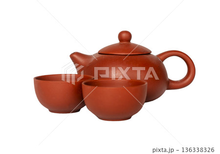 Ceramic teapot with bowl cups for tea time, break, ritual ceremony. Kitchen ware for drink, hot 136338326