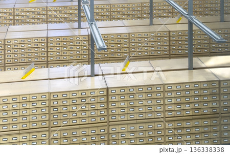 Large archive interior filled with stacked wooden card catalog cabinets arranged in strict parallel 136338338