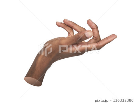 Close-up view of a right male hand with open palm and raised thumb, shown from the side in a 136338390