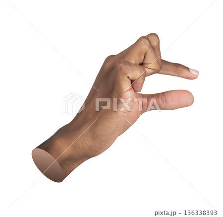 right male hand and wrist shown from the side, forming a small pinch gesture between thumb and index 136338393