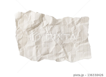 Crumpled white notebook paper page with dotted lines, deep wrinkles, and rough torn teared edges. 136338426