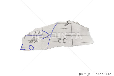 Torn white notebook paper fragment with blue pen arrows, handwritten numbers, and sketch marks. 136338432