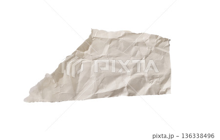 Torn white paper piece with crumpled texture, soft folds, and uneven teared edges. Irregular 136338496