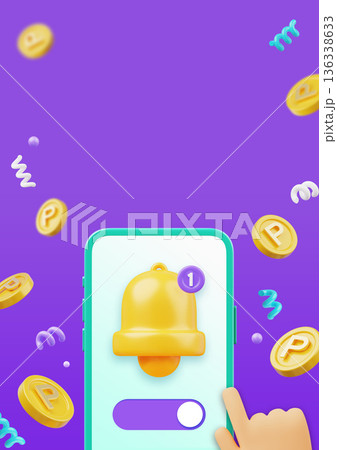 3D smartphone screen with notification bell and hand touching button for digital rewards on purple background 136338633