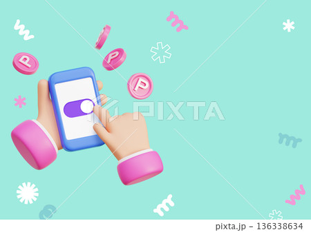 illustration of hands holding smartphone with toggle switch and floating pink coins on mint background 136338634