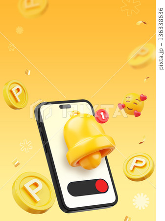 3D smartphone illustration with golden notification bell and floating coins on yellow background 136338636