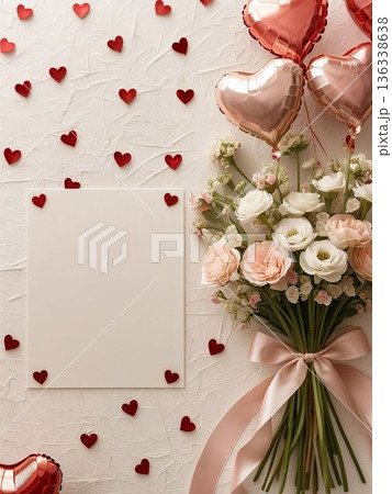 ハートバルーンとフラワーブーケの可愛いロマンティック背景テンプレート 136338638