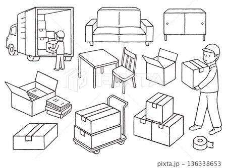 引っ越しにまつわる手描きイラストセット(モノクロ) 引っ越しにまつわる手描きイラストセット(モノクロ) 136338653