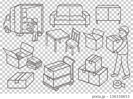 Hand-drawn illustration set related to moving (monochrome) 136338653