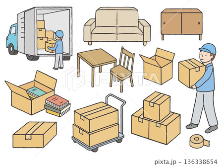 引っ越しにまつわる手描きイラストセット（カラー） 136338654