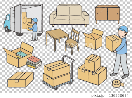 引っ越しにまつわる手描きイラストセット（カラー） 136338654