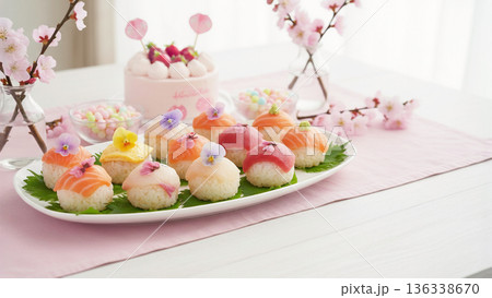 おひな祭り　お祝いの手まり寿司のあるテーブル 136338670