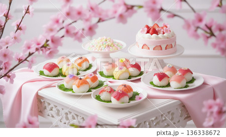 おひな祭り　お祝いの手まり寿司のあるテーブル 136338672