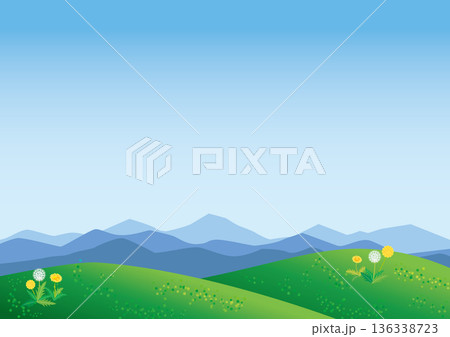 たんぽぽが生える草原と山並みの背景イラスト 136338723