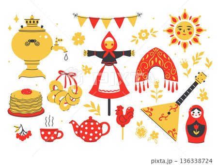 A set of graphic elements for Maslenitsa celebrations. Vector graphics 136338724