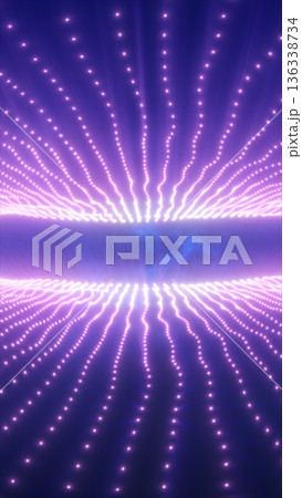 Symmetrical purple light dots expanding outward in radiant waves, creating a futuristic tunnel-like effect Symmetrical purple light dots expanding outward in radiant waves, creating a futuristic tunnel-like effect 136338734